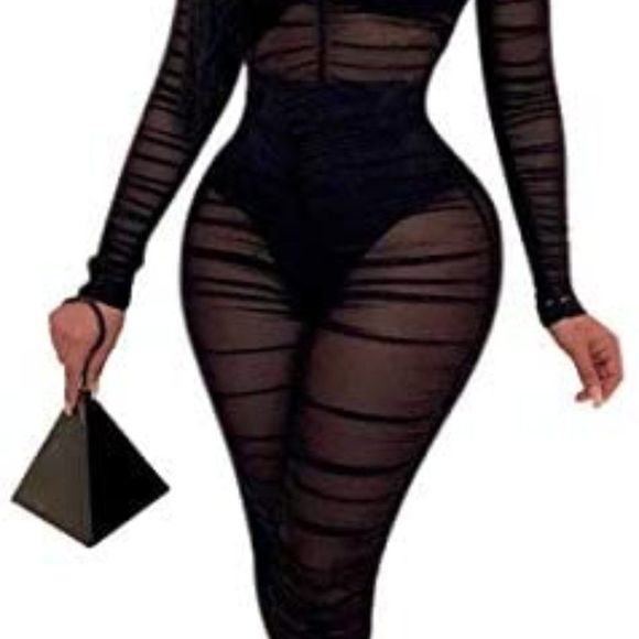 Women OnePiece Outfits Mesh Sheer Bodycon Jumpsuit - Picture 10 of 10